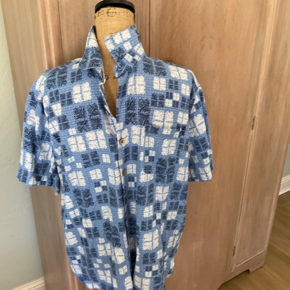 Nat Nast Button Blue 70%  Silk‎ 30% Cotton Camp Shirt Sz L Hawaiian geometric - Picture 2 of 16